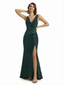 Sexy Side Slit V-neck Floral Burnout Velvet Long Formal Evening Gown Dresses