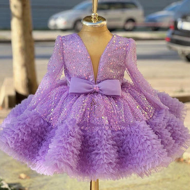 Sequin Baby Girl Dress Velvet Full Sleeves Flower Girl Dress Knee Length Dresses For Girls Bow Puffy First Communion