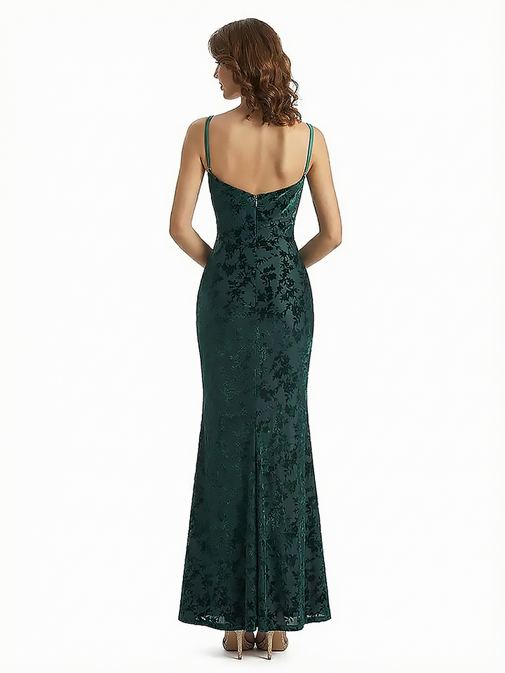 Sexy Side Slit V-neck Floral Burnout Velvet Long Formal Evening Gown Dresses