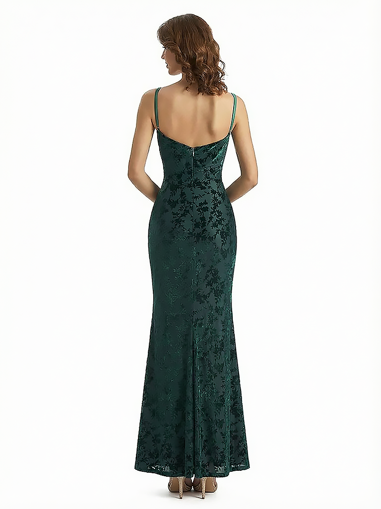 Sexy Side Slit V-neck Floral Burnout Velvet Long Formal Evening Gown Dresses