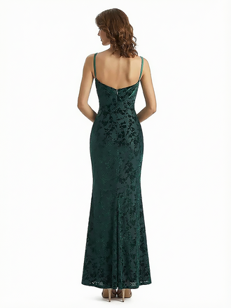 Sexy Side Slit V-neck Floral Burnout Velvet Long Formal Evening Gown Dresses