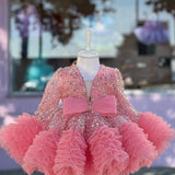 Sequin Baby Girl Dress Velvet Full Sleeves Flower Girl Dress Knee Length Dresses For Girls Bow Puffy First Communion