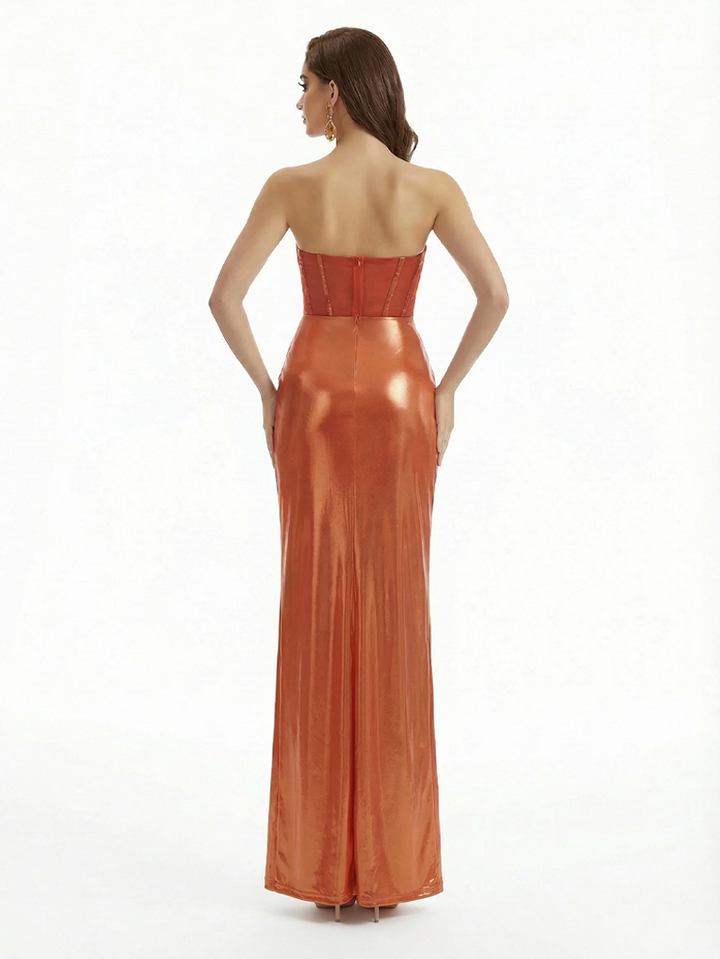 Elegant Strapless Sleeveless Mermaid Metallic Shiny Fabric Long Formal Dresses