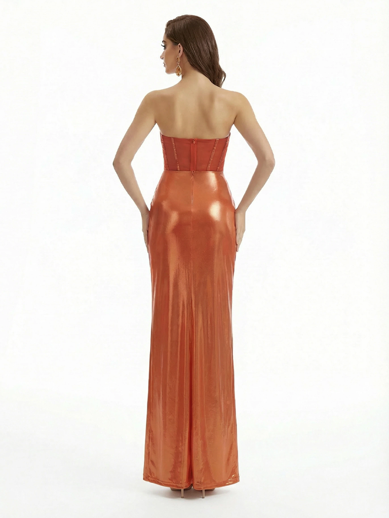 Elegant Strapless Sleeveless Mermaid Metallic Shiny Fabric Long Formal Dresses