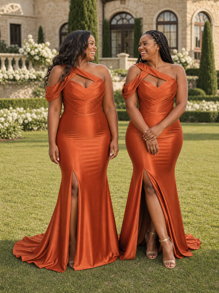 ChicSew Sexy Asymmetric Ruching Mermaid Soft Satin Floor-Length Bridesmaid Dresses