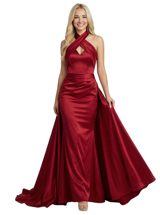 Elegant Halter Sleeveless Ruched Mermaid Satin Formal Prom Dress Overskirt