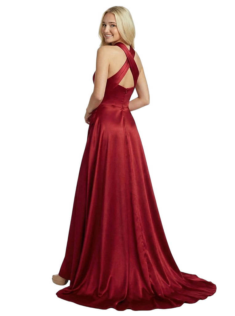 Elegant Halter Sleeveless Ruched Mermaid Satin Formal Prom Dress Overskirt