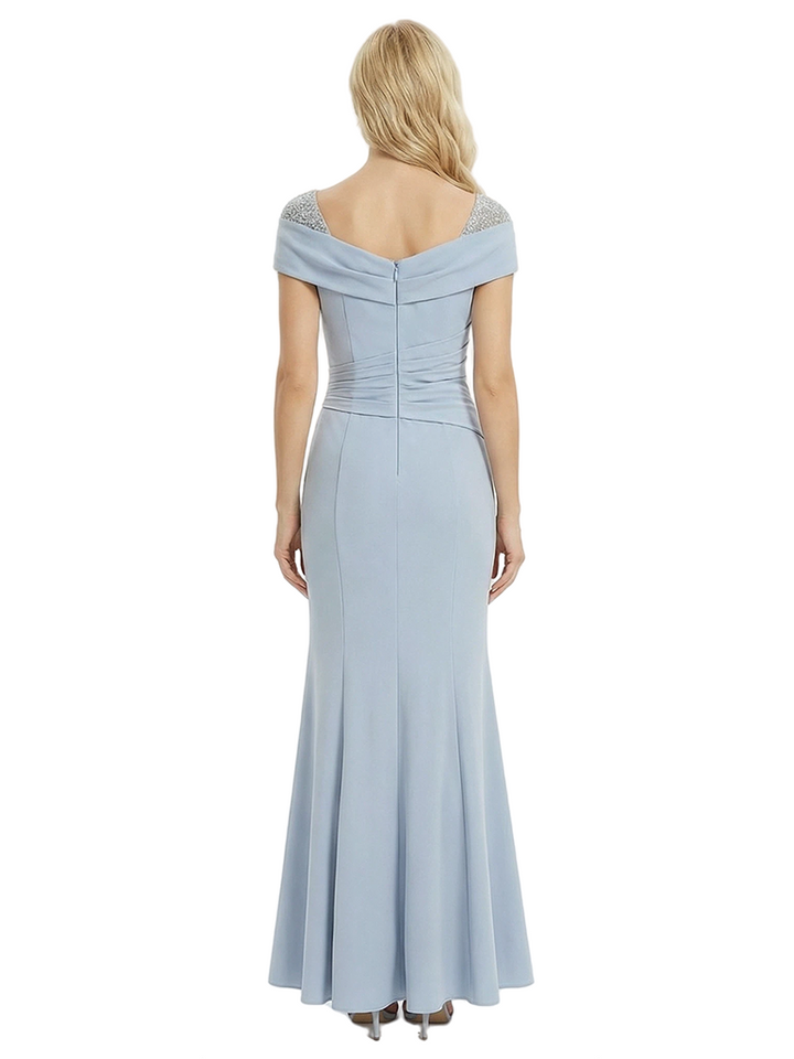 Pretty Off The Shoulder Mother Of The Bride Gown Ruched Crepe Maxi Dress