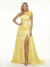 Elegant One Shoulder Mermaid Flowers Long Evening Satin Prom Dresses with Side Slit