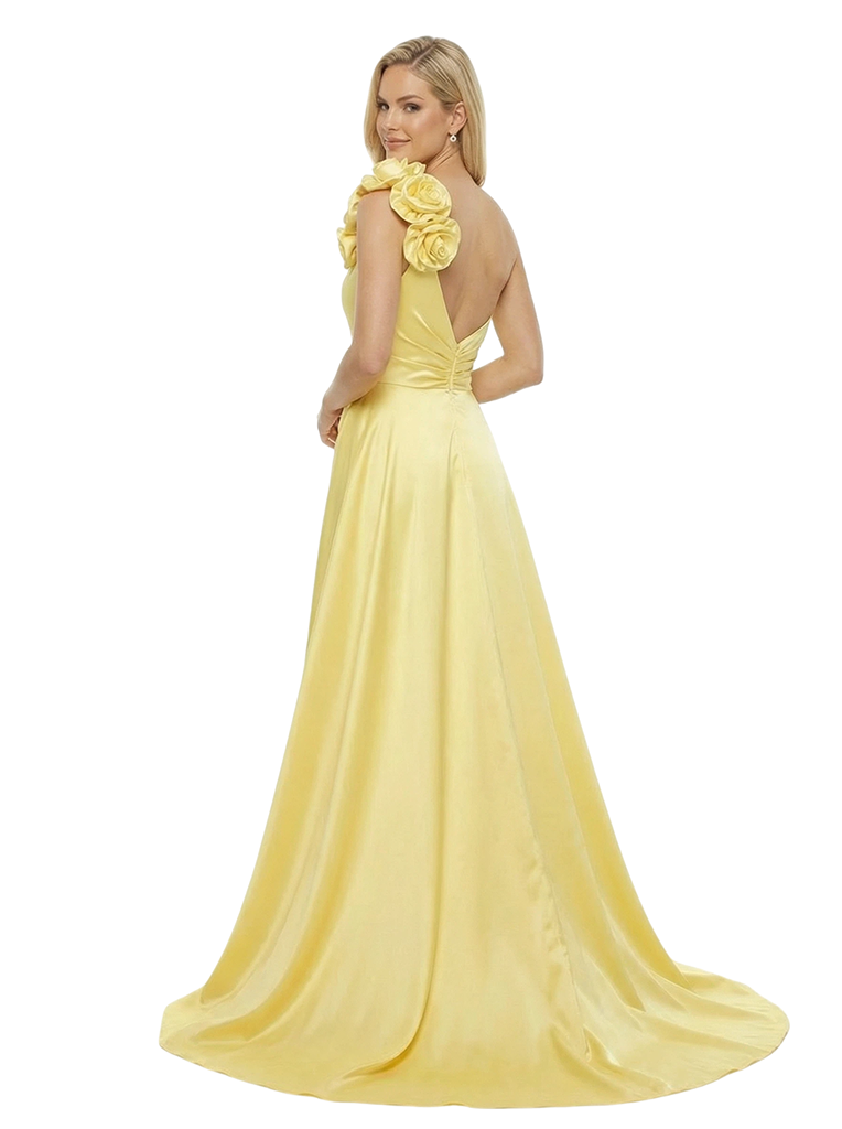 Elegant One Shoulder Sleeveless Ruched Mermaid Satin Formal Prom Dress With Overskirt