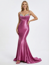 Sexy Spaghetti Straps Mermaid Beading Long Satin Evening Prom Dresses with Trailing