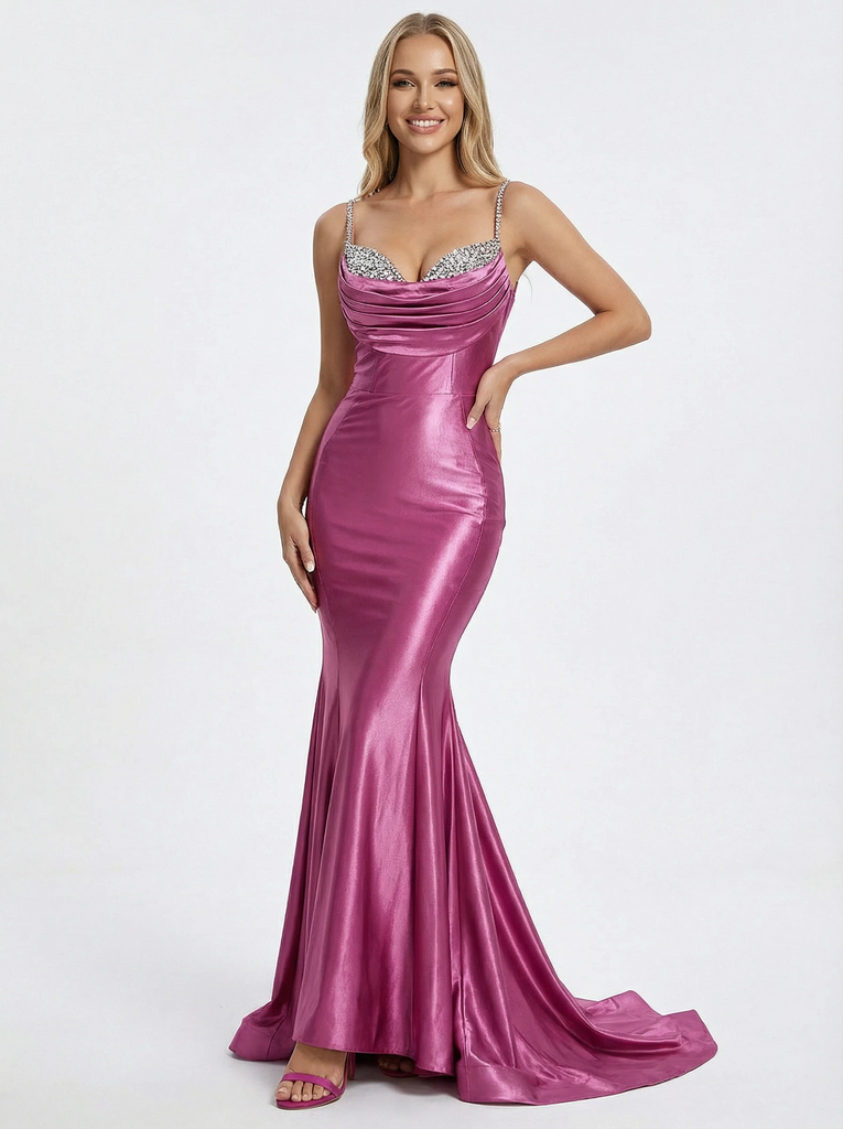 Sexy Spaghetti Straps Mermaid Beading Long Satin Evening Prom Dresses with Trailing