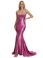 Sexy Sweetheart Spaghetti Straps Beaded Bodice Ruched Mermaid Satin Formal Prom Dress