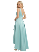 Elegant V-Neck High-Low Mother Of The Bride Dress Pleated Satin A-Line Sleeveless Gown