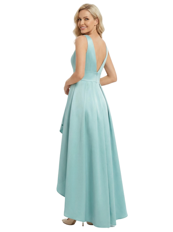 Elegant V-Neck High-Low Mother Of The Bride Dress Pleated Satin A-Line Sleeveless Gown