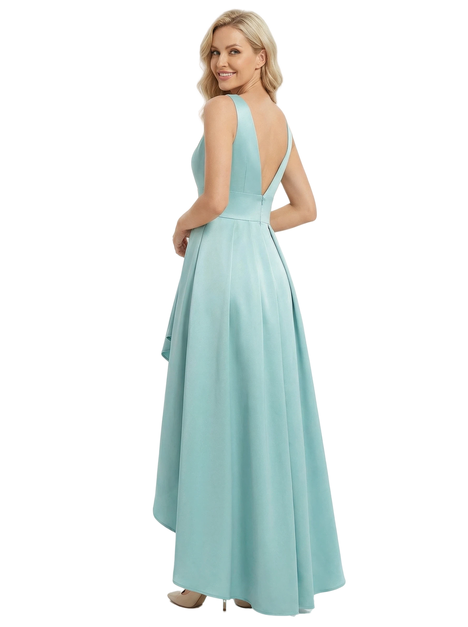 Elegant V-Neck High-Low Mother Of The Bride Dress Pleated Satin A-Line Sleeveless Gown