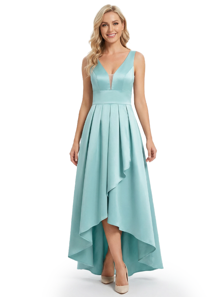 Elegant V-Neck High-Low Mother Of The Bride Dress Pleated Satin A-Line Sleeveless Gown