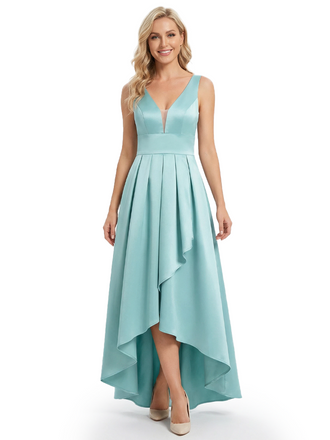 Elegant V-Neck High-Low Mother Of The Bride Dress Pleated Satin A-Line Sleeveless Gown