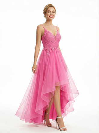 Sweet Spaghetti Straps High Low Ruffle Skirt V-neck A-line Lace Party Prom Dresses