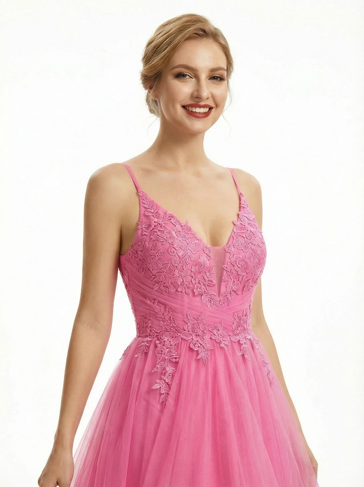 Sweet Spaghetti Straps High Low Ruffle Skirt V-neck A-line Lace Party Prom Dresses