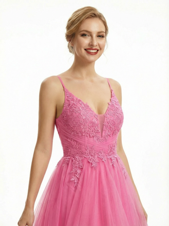 Sweet Spaghetti Straps High Low Ruffle Skirt V-neck A-line Lace Party Prom Dresses