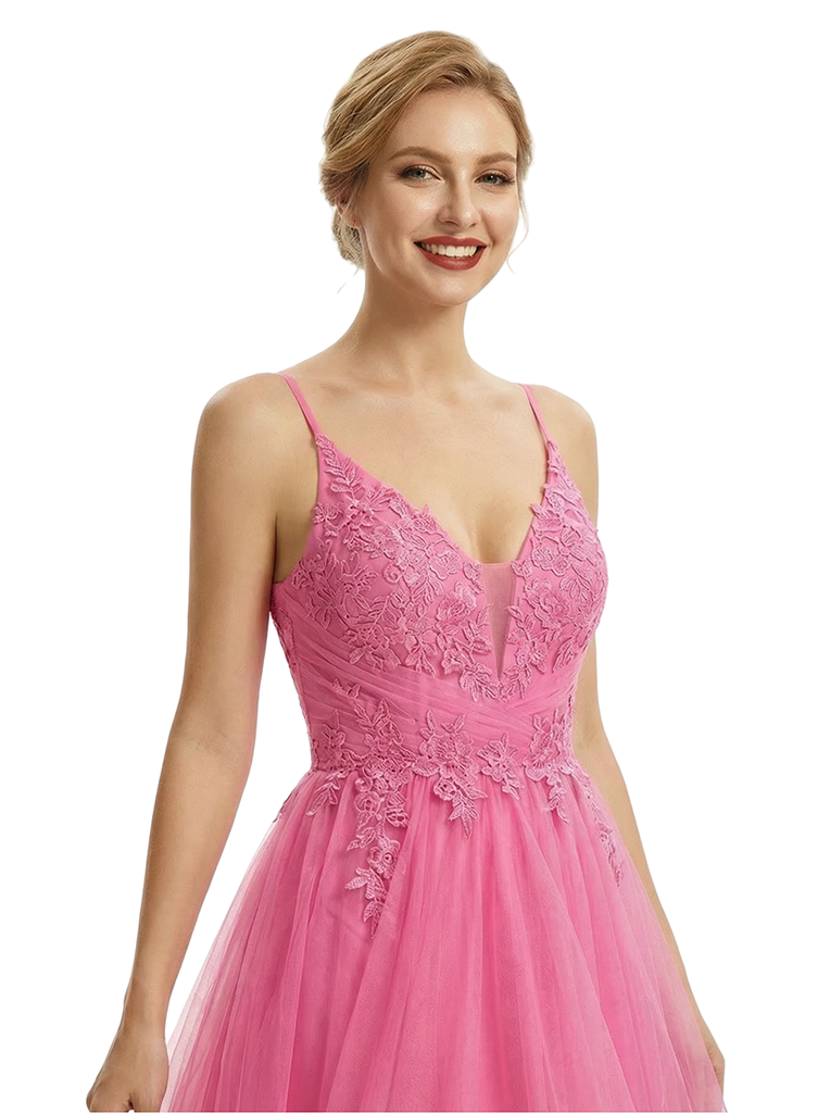 Sexy V-Neck Spaghetti Straps Sleeveless Tulle High-Low A-Line Formal Prom Dress