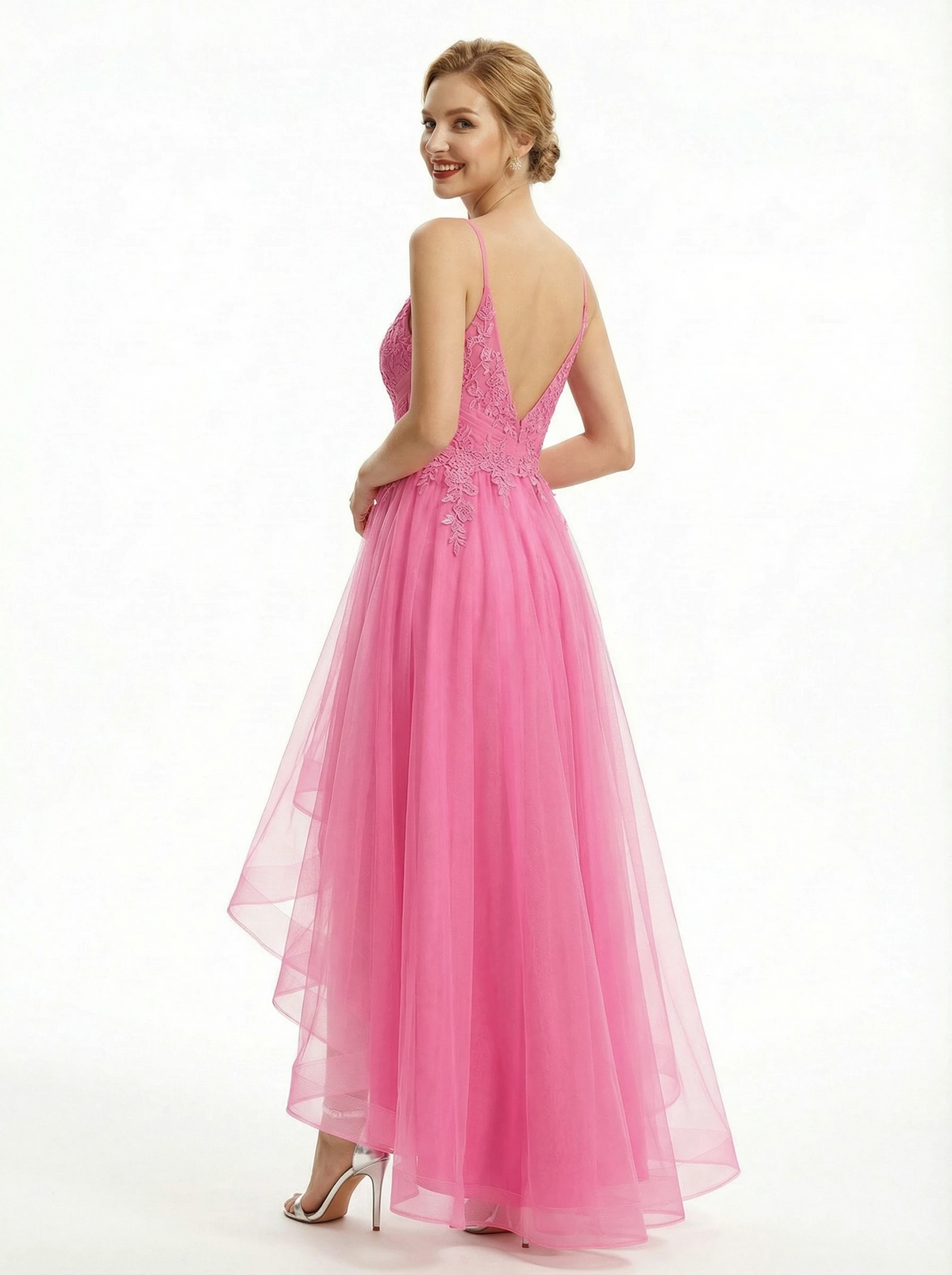 Sweet Spaghetti Straps High Low Ruffle Skirt V-neck A-line Lace Party Prom Dresses