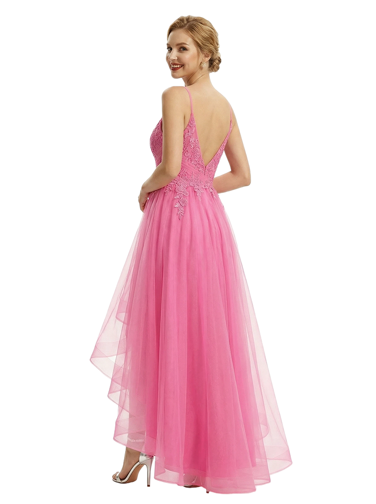Sexy V-Neck Spaghetti Straps Sleeveless Tulle High-Low A-Line Formal Prom Dress