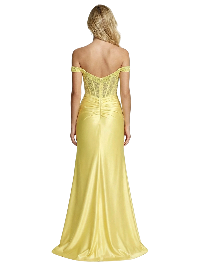 Elegant Off Shoulder Mermaid Corset Long Evening Satin Prom Dresses with Side Slit