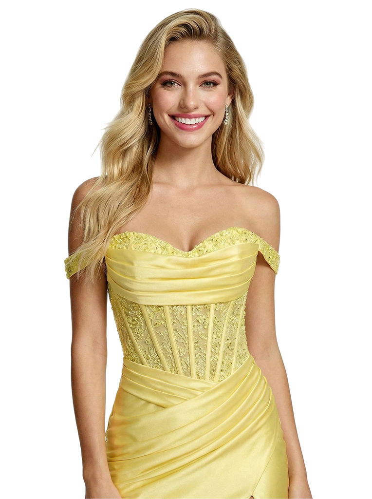 Elegant Off Shoulder Mermaid Corset Long Evening Satin Prom Dresses with Side Slit