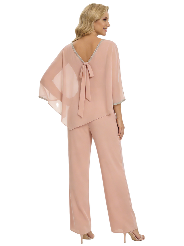Modern Mother of The Groom Outfit Pretty V-Neck Chiffon PantSuit