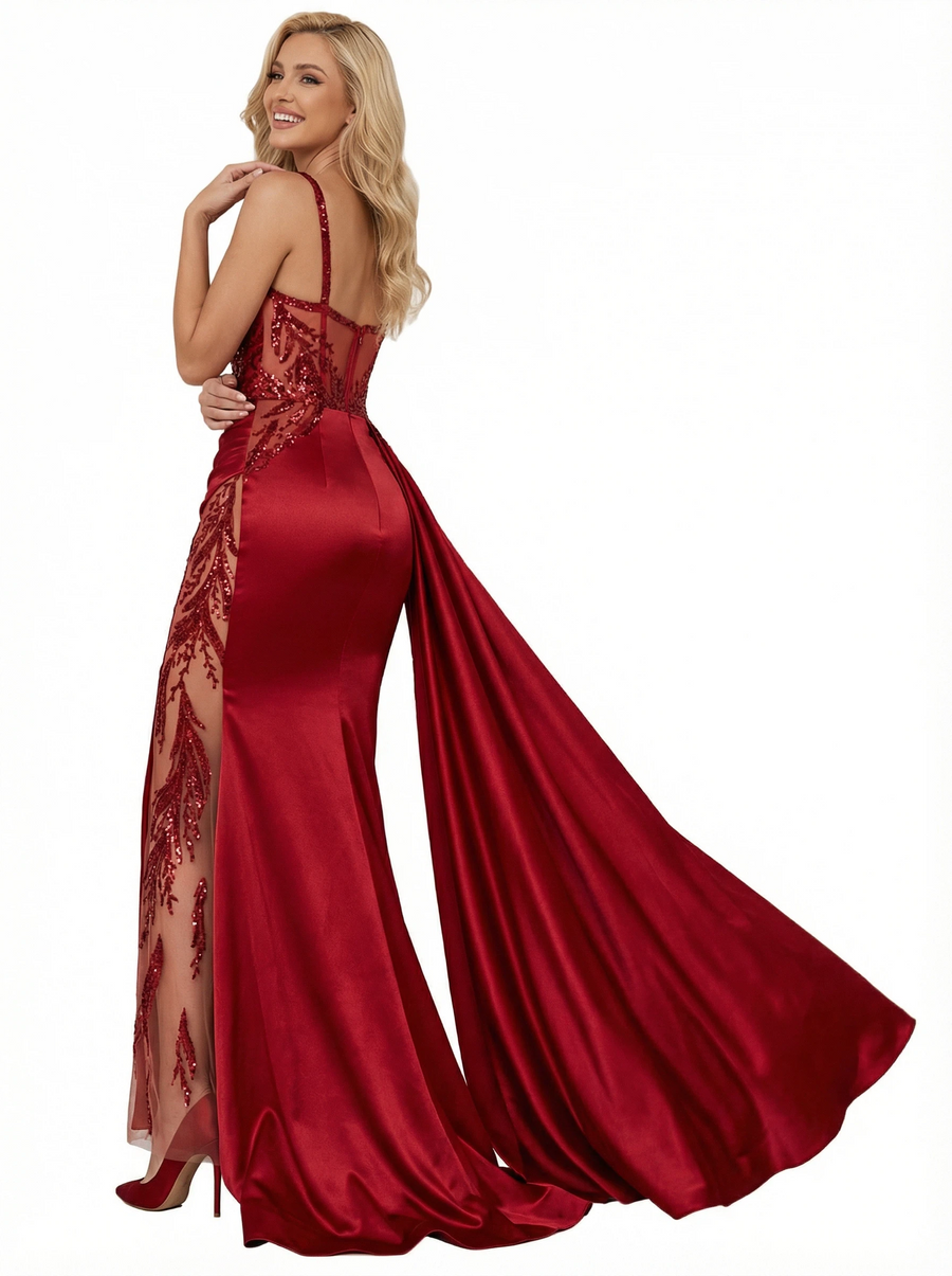 Sexy Spaghetti Straps Mermaid V-neck Lace Long Evening Satin Prom Dresses with Trailing
