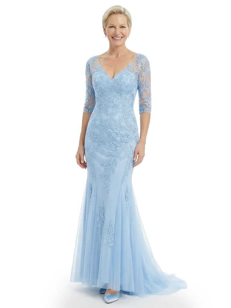 Fancy V-Neck Lace Mother Of The Groom Gown Mermaid Half Sleeves Tulle Dress