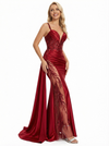 Sexy Spaghetti Straps Mermaid V-neck Applique Long Evening Satin Prom Dresses with Trailing