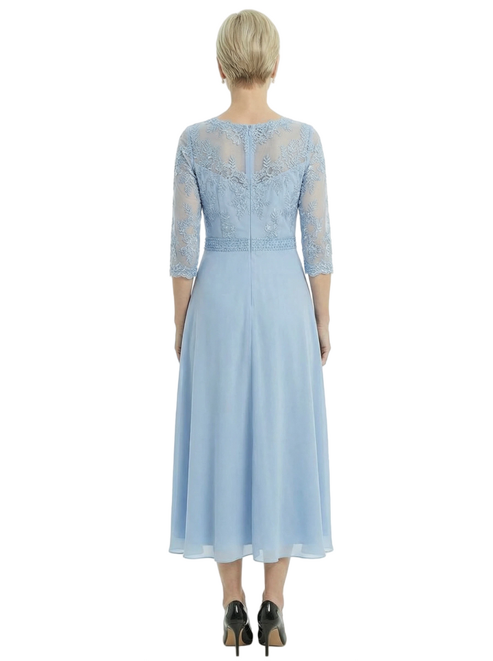 Sophisticated Lace Chiffon Mother Of The Groom Dress Half Sleeves Tea-Length Gown