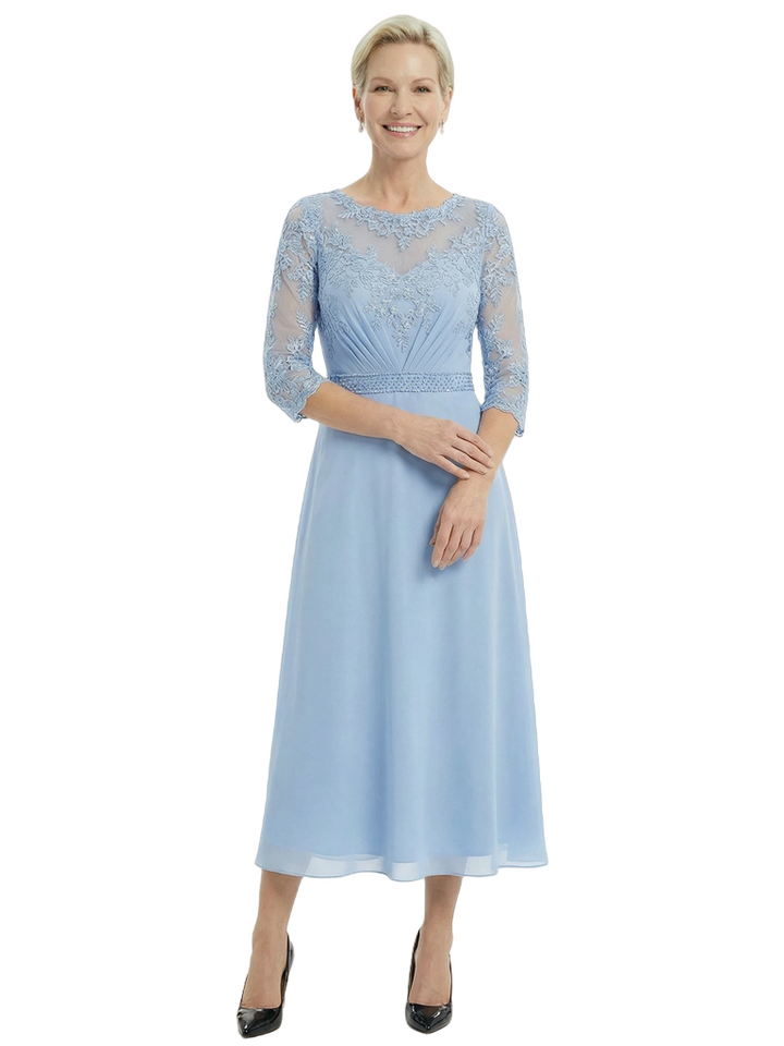 Sophisticated Lace Chiffon Mother Of The Groom Dress Half Sleeves Tea-Length Gown