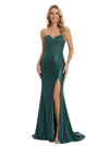 Simple Sweetheart Mermaid Lace Beaded Long Corset Evening Satin Prom Dresses with Side Slit