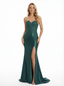 Simple Sweetheart Mermaid Applique Long Evening Satin Prom Dresses with Side Slit
