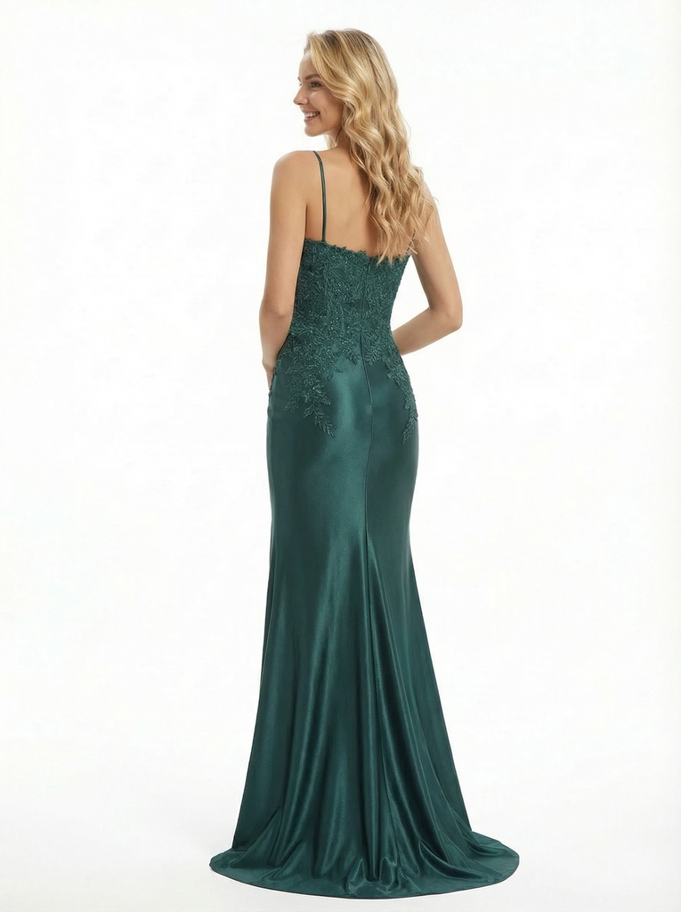 Simple Sweetheart Mermaid Applique Long Evening Satin Prom Dresses with Side Slit