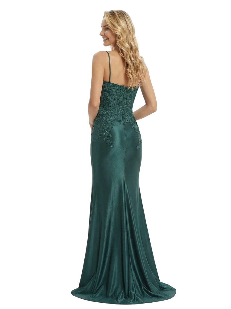 Simple Sweetheart Mermaid Lace Beaded Long Corset Evening Satin Prom Dresses with Side Slit