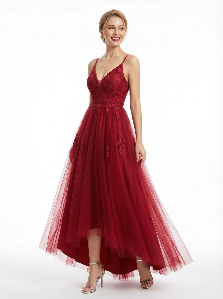 Sweet Spaghetti Straps V-neck A-line Tulle High Low Length Evening Prom Dresses