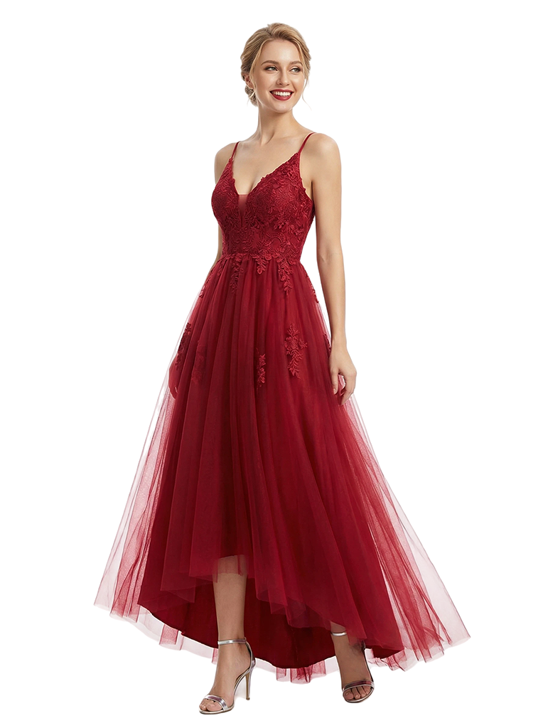 Modern Lace V-neck A-line Lace High Low Length Evening Prom Dresses