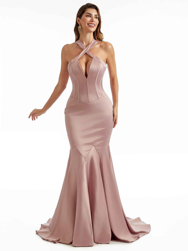 Vestido de dama de honor largo único de satén suave de sirena con un hombro y abertura lateral sexy para boda