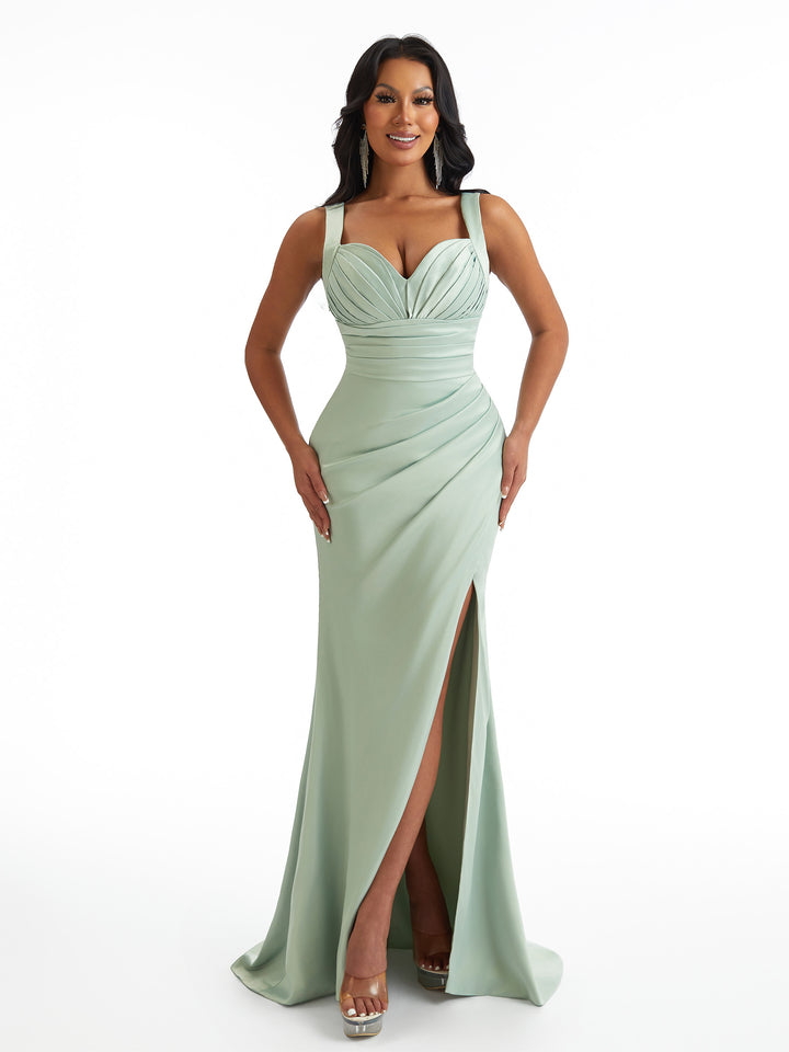 Sexy Mermaid Pleated Satin Unique Long Bridesmaid Dresses Online With Split