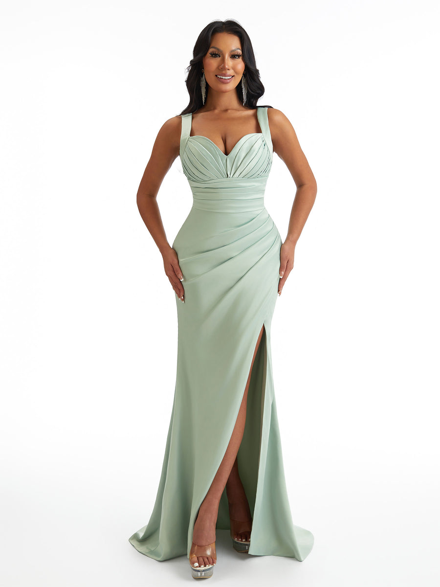 Sexy Mermaid Pleated Satin Unique Long Bridesmaid Dresses Online With Split