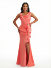 Modern Ruffle Satin Mermaid Long Evening Formal Dresses For Women Side Slit