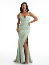 Sexy Mermaid Pleated Satin Unique Long Bridesmaid Dresses Online With Split