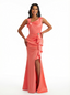 Modern Ruffle Satin Mermaid Long Evening Formal Dresses For Women Side Slit