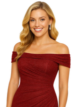 Sparkly Off Shoulder Glitter Jersey Mermaid Ruched Evening Prom Dresses