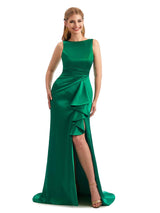 Scoop Ruffles Black Satin Side Slit Bridesmaid Dresses